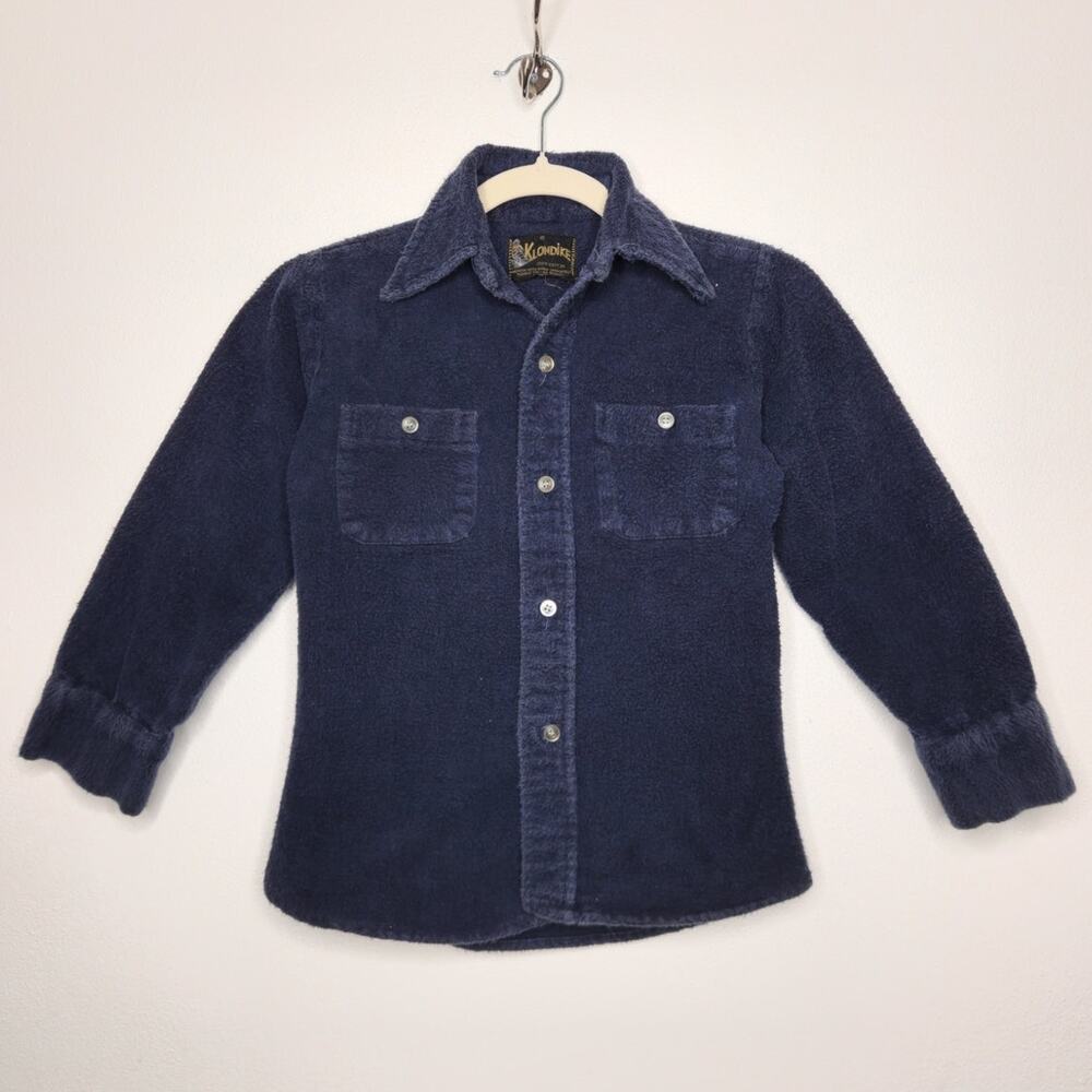 Vintage 70s Youth Kids Thick Heavy Flannel Blue Button Rockabilly Country
